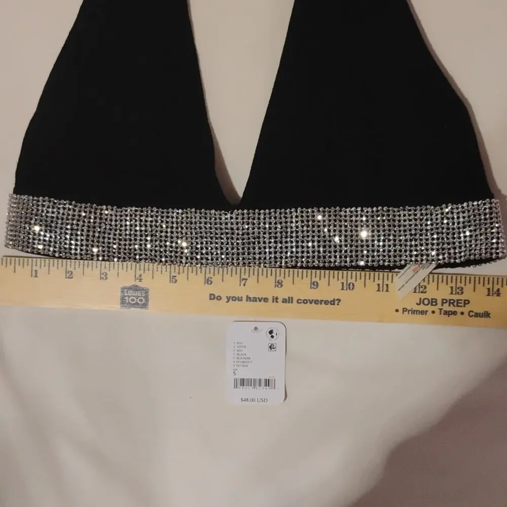 Free People Intimately Rhinestone Halter Bralette Black Adjustable Strap Size S